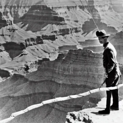 Image similar to man walking a tightrope between grand canyon vintage photo