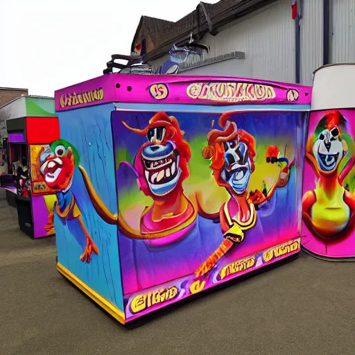 Image similar to dancing laughing clowns, fairground airbrush art on fairground equipment