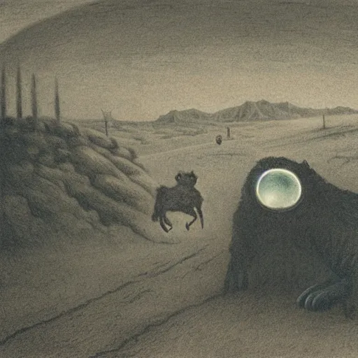 Image similar to giant hyena standing on a desert road at night with glowing eyes, laughing, hard flashlight, eerie strange bizarre, by alfred kubin