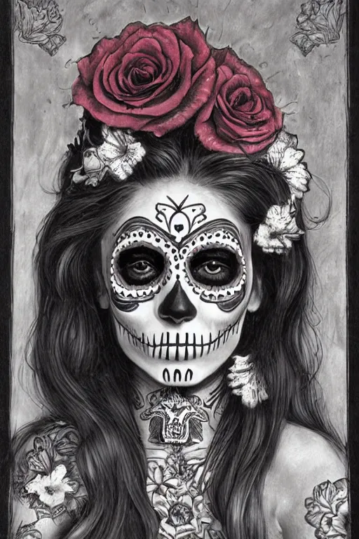 Prompt: illustration of a sugar skull day of the dead girl, art by james gurney