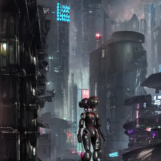 Image similar to Humanoid robot in a futuristic dystopian city, realistic, detailed, trending on artstation, night