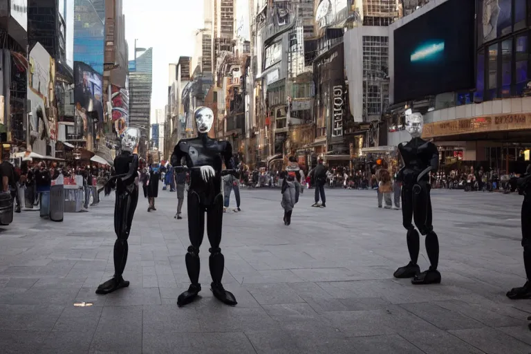 Prompt: cinematography sleek humanoid robot clones helping people in time squares by Emmanuel Lubezki