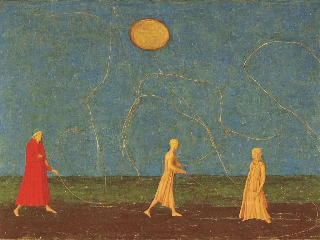 Image similar to Horse with monk in the mud, in the swamp. Lapis Lazuli, malachite, cinnabar. Painting by Piero della Francesca, Agnes Pelton