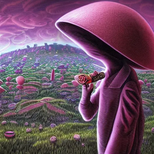 Image similar to A centered chest up portrait of a scary psychedelic godlike anthropomorphic frog smoking tobacco , magic mushroom village in background . award winning. superb resolution. in the art style of junji Ito and greg rutkowski . Detailed Mushroom city in background. Hyper realistic anime. Perfect art. Dalle2