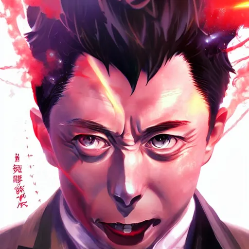 Image similar to anime portrait of evil elon musk on drugs as an anime antagonist by Stanley Artgerm Lau, WLOP, Rossdraws, James Jean, Andrei Riabovitchev, Marc Simonetti, and Sakimichan, trending on artstation