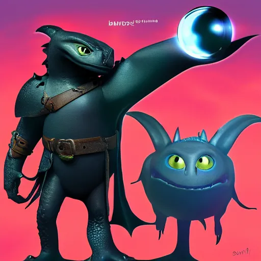 Image similar to “ creature in the style of how to train your dragon holding laser gun, floating alone, with a black background, digital art, award winning, trending on art station, retro style ”