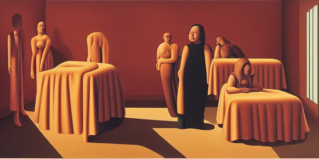 Prompt: sleeping lady in a dark room in heatwave, oil painting by george tooker