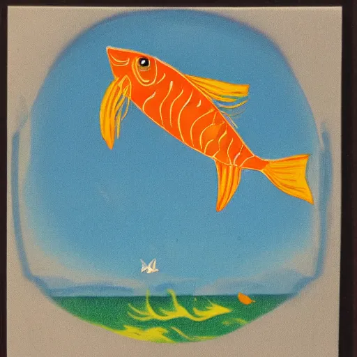 Prompt: a funny looking fish jumping out of a beautiful lake with a sunny day, in the style of akria Toyama