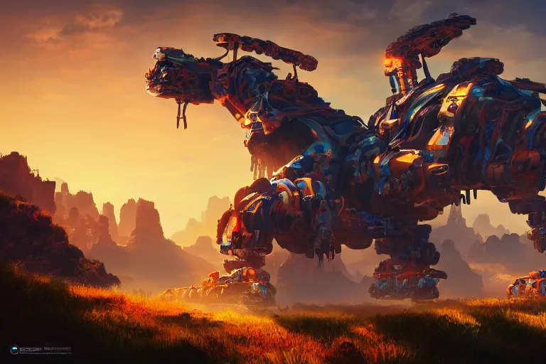 Image similar to scorcher machine mecanical creature robot of horizon forbidden west horizon zero dawn radiating a glowing aura global illumination ray tracing hdr fanart arstation by ian pesty and alena aenami artworks in 4 k