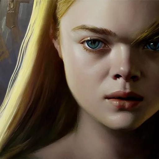 Image similar to ultra realistic portrait painting of elle fanning in halo 2, art by frank frazetta, 4 k, ultra realistic, highly detailed, epic lighting