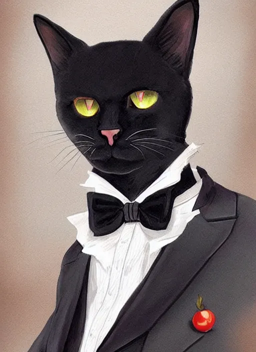 Prompt: portrait of a serious and intelligent black cat scholar! in a retro suit, digital art by artgerm and greg rutkowski