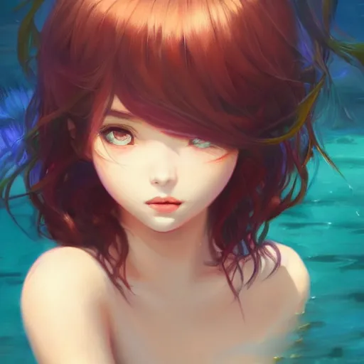 Image similar to A potrait of a mermaid with big and cute eyes, fine-face, realistic shaded perfect face, fine details. Night setting. Very anime style. Realistic shaded lighting poster by Ilya Kuvshinov katsuhiro, magali villeneuve, artgerm, Jeremy Lipkin and Michael Garmash, Rob Rey and Kentarõ Miura style, trending on art station