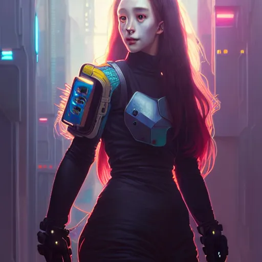 Image similar to portrait painting of cyberpunk chuu loona as a cheerful smiling mercenary, ultra realistic, concept art, intricate details, eerie, highly detailed, photorealistic, octane render, 8 k, unreal engine. art by artgerm and greg rutkowski and magali villeneuve and alphonse mucha