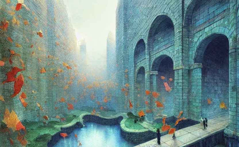 Image similar to tiled room squared waterway, aqueducts, fantasy. intricate, amazing composition, colorful watercolor, by ruan jia, by maxfield parrish, by marc simonetti, by hikari shimoda, by robert hubert, by zhang kechun, illustration, gloomy