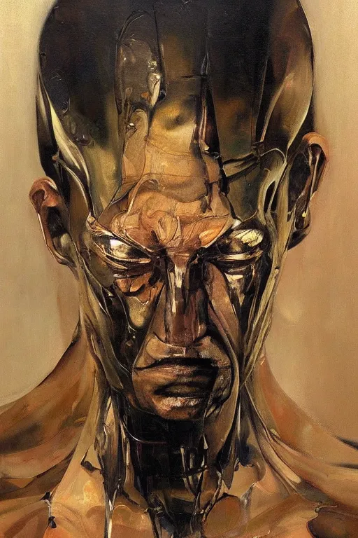 Prompt: beautiful clean oil painting biomechanical portrait of sad man face by phil hale, rafael albuquerque, wayne barlowe, freud lucian, rembrandt, complex, stunning, realistic, skin color