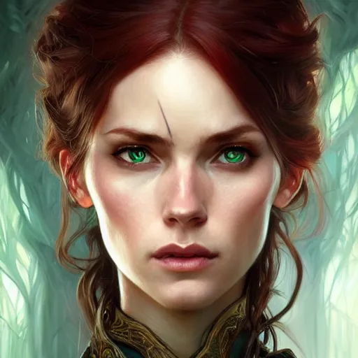 Prompt: Portrait of serious female ranger, D&D, green eyes, face, long red hair, fantasy, intricate, elegant, highly detailed, digital painting, artstation, concept art, smooth, sharp focus, illustration, art by artgerm and greg rutkowski and alphonse mucha