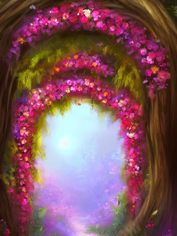 Prompt: A beautiful digital illustration painting of a floral archway in the woods , 8k resolution deviantart trending on Artstation concept art digital illustration