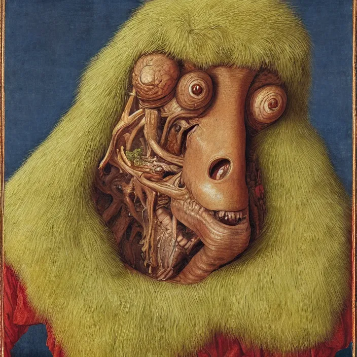 Image similar to close up portrait of a mutant monster creature with very long eyelashes that go up, covering the entire forehead. colorful painting by jan van eyck, walton ford