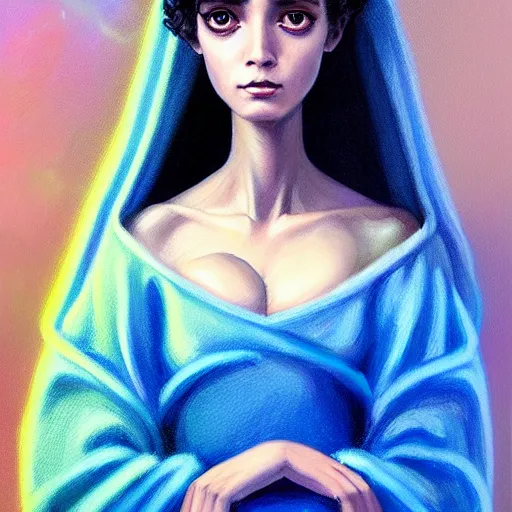 Image similar to ☁🌪🌙👩🏾, soft elegant gown, neon god of city character portrait, in the style of margaret keane, moebius, tom bagshaw, and waterhouse, cinematic lighting, beautiful, elegant, oil painting,