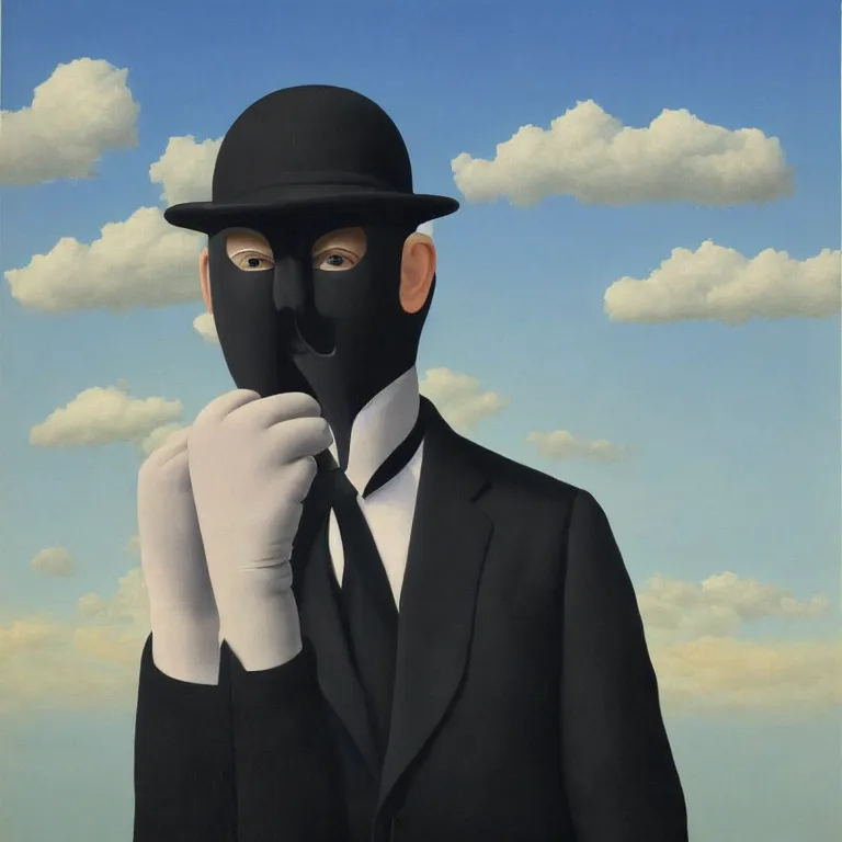 Image similar to portrait of a faceless masked - head man in a suit and black gloves, clouds and nature landscape in the background, by rene magritte, detailed painting, distance, centered, hd, hq, high resolution, high detail, 4 k, 8 k