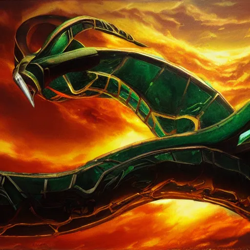 Prompt: Rayquaza (From Pokémon), elden ring boss, matte painting, detailed, elden ring, oil on canvas