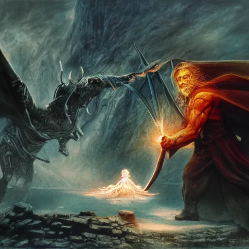 Image similar to beautiful gandalf fighting the balrog, by alan lee, lord of the rings, smooth, detailed terrain, oil painting, matte painting, concept art, trending on artstation