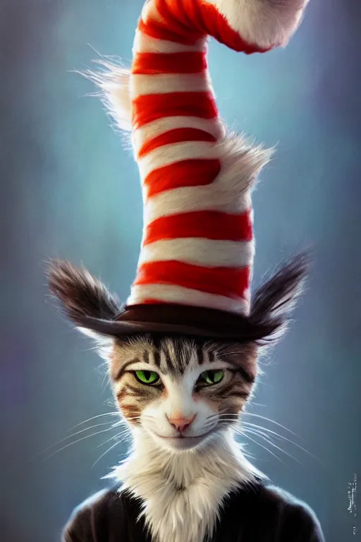 Prompt: complex 3 d render, hyper detailed, ultra sharp, of the cat in the hat, scary, cinematic, natural soft light, rim light, art by greg rutkowski and artgerm and alphone mucha, dr seuss