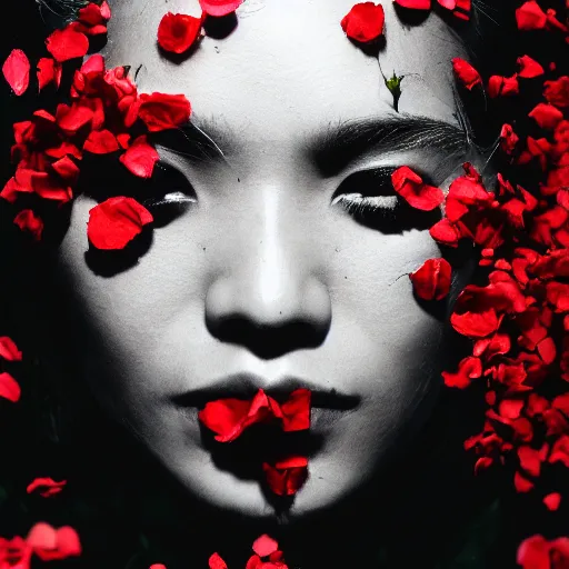 Image similar to made by naoto hatorri, beautiful woman covered in tiny rose petals, closeup portrait shot, hyper - detailed, 4 k concept art, smooth, sharp focus. - h 7 6 8