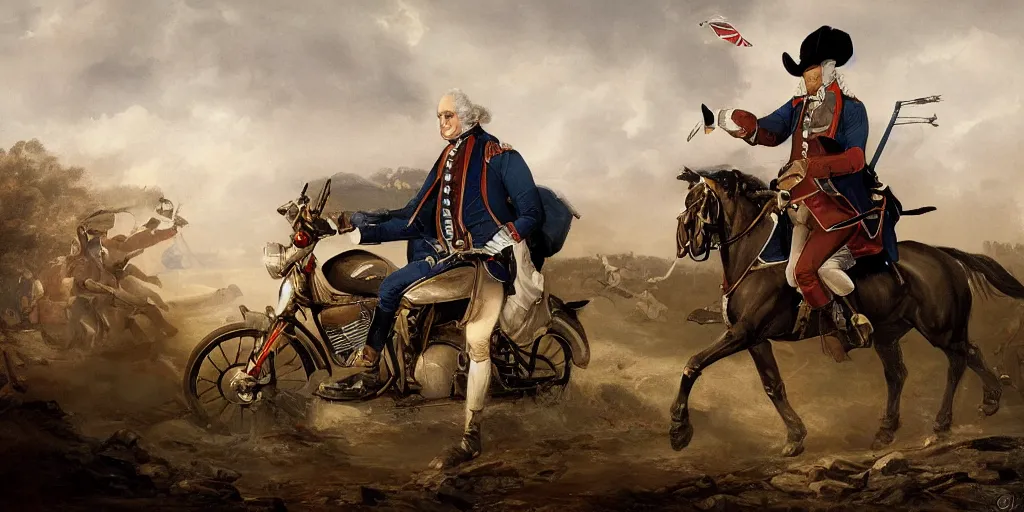 Image similar to George Washington rides a motorcycle to attack the British army in the revolutionary war, epic, cinematic, concept Art, detailed, 4K