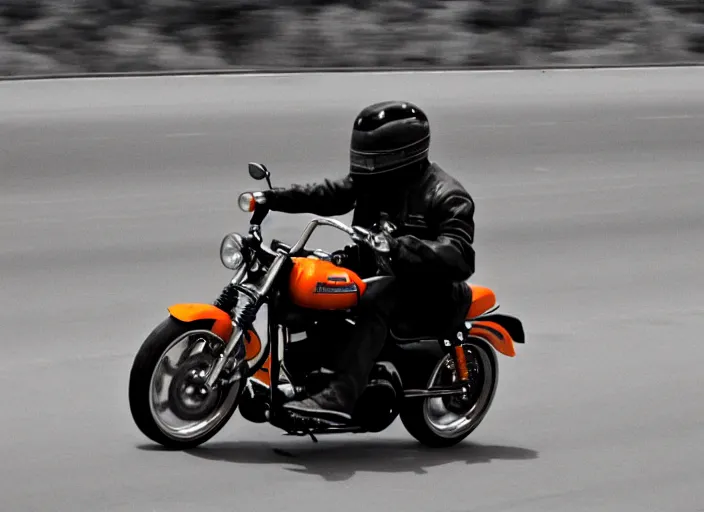 Image similar to harley davidson motorbike driving on the freeway. iso 1 0 0. low camera view. retro photo