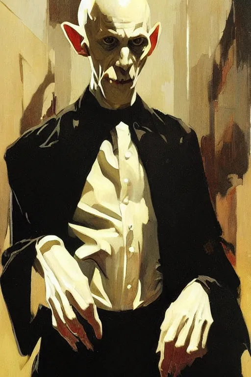 Image similar to nosferatu, painting by jc leyendecker!! phil hale!, angular, brush strokes, painterly, vintage, crisp