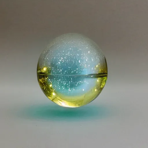 Prompt: glass orb, glittering flecks of gold and aquamarine suspended inside, reflecting light