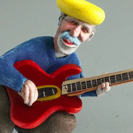 Image similar to Claymation art of a old man playing guitar, 100mm, candle lightning, industrial colours, extremely detailed, 4K