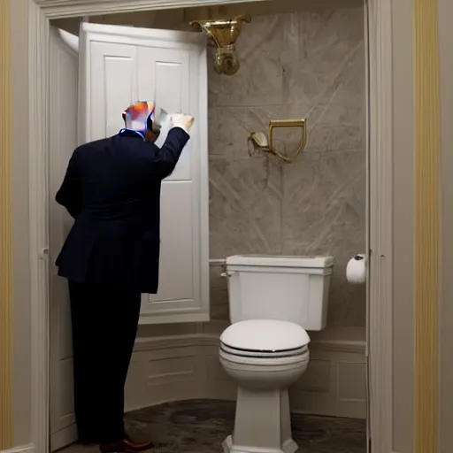 Image similar to donald trump putting peices of paper into an open toilet in the white house bathroom, 8 k photo