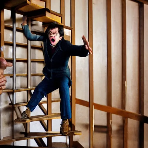 Prompt: harry potter yelling at a wooden staircase