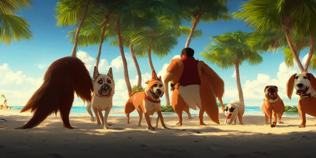 Image similar to a wholesome animation key shot of dogs at a tropical beach, medium shot, waist up, studio ghibli, pixar and disney animation, sharp, very detailed, high resolution, rendered in unreal engine 5, anime key art by greg rutkowski, bloom, dramatic lighting