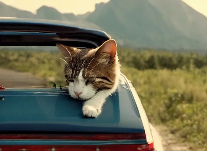 Image similar to A very high resolution image from a new movie, a cat driging around, inside of a car , mountains, Polaroid, directed by wes anderson