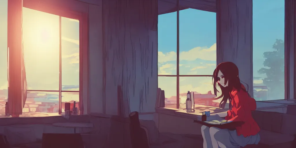 Image similar to Girl reading in a window seat in a coffee shop at sunset cinematic lighting, style by Makoto Shinkai