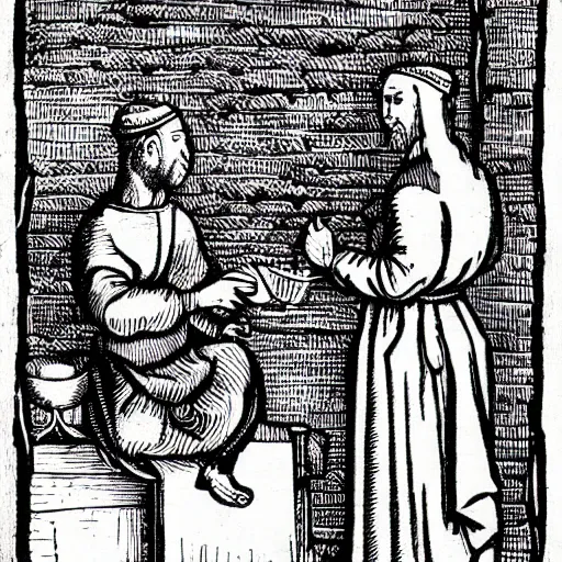 Image similar to peasant speaks on iphone. medieval engraving style