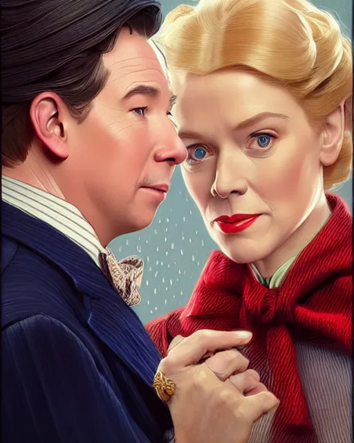 Image similar to Portrait of a  blonde lady and Michael mcintyre as characters in the Mary Poppins,real life skin, intricate, elegant, highly detailed, artstation, concept art, smooth, sharp focus, art by artgerm and greg rutkowski and alphonse mucha