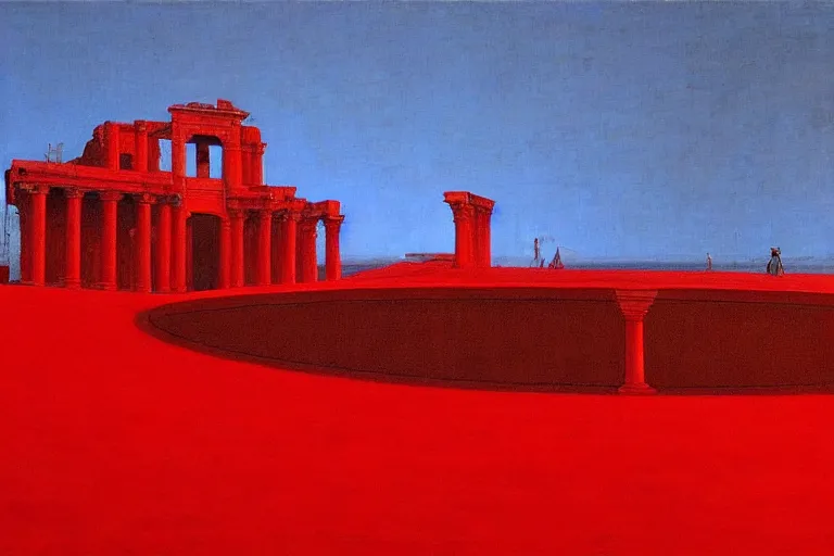 Image similar to only with red, a red great emperor, taormina amphitheatre, expressive crowd hails him, in the style of beksinski, parts by edward hopper, parts by rodcenko, parts by yue minjun, intricate and epic composition, red by caravaggio, insanely quality, highly detailed, masterpiece, red light, artstation, 4 k