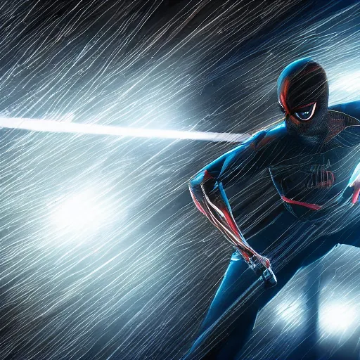 Image similar to ryan reynolds as a black and blue suit spider - man, cinematic, volumetric lighting, f 8 aperture, cinematic eastman 5 3 8 4 film, photorealistic