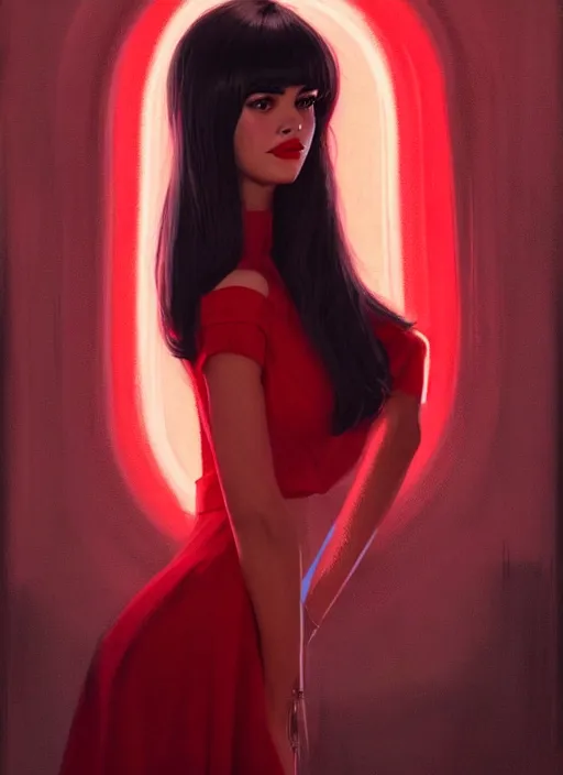 Image similar to portrait of veronica lodge with bangs, 1 9 6 0 s, long hair, red clothes, bangs, intricate, elegant, glowing lights, highly detailed, digital painting, artstation, concept art, smooth, sharp focus, illustration, art by wlop, mars ravelo and greg rutkowski