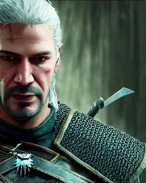 Image similar to Keanu Reevez in the role of Witcher III Gerald of Rivia, amazing short, ultra detailed