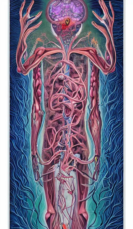 Image similar to a biomorphic painting of the hierophant tarot card! a anatomical medical illustration by nychos and alex grey, cgsociety, neo - figurative, pastel blues and pinks, detailed painting, rococo, oil on canvas, lovecraftian