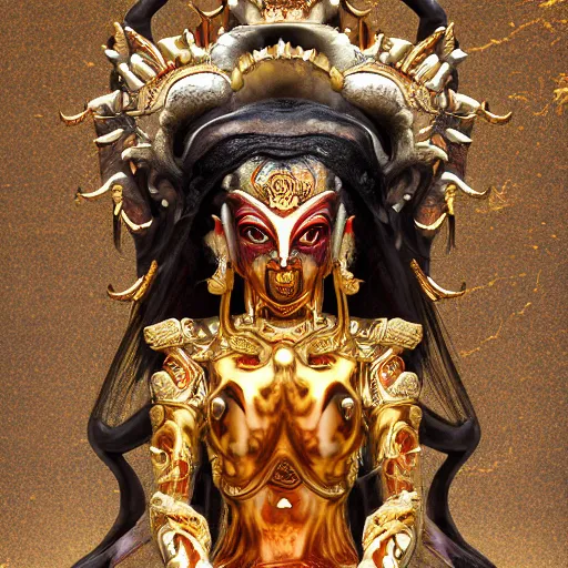 Prompt: naraka buddhist demon korean female, highly detailed, symmetrical long head, golden amber eyes, smooth marble surfaces, detailed ink illustration, raiden metal gear, cinematic smooth stone, deep aesthetic, concept art, post process, 4 k, carved marble texture and silk cloth, latex skin, highly ornate intricate details, in the style of 8 8 grzes