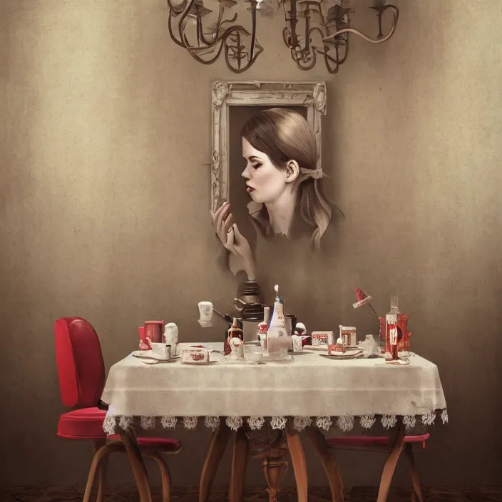 Image similar to portrait of a retro dining room, depth of field, zeiss lens, detailed, symmetrical, centered, fashion photoshoot, by nicoletta ceccoli, mark ryden, lostfish, breathtaking, 8 k resolution, extremely detailed, beautiful, establishing shot, artistic, hyperrealistic, octane render