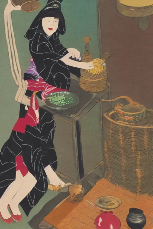 Prompt: photo of a witch, young woman, preparing potion, high heels, japanese kimono