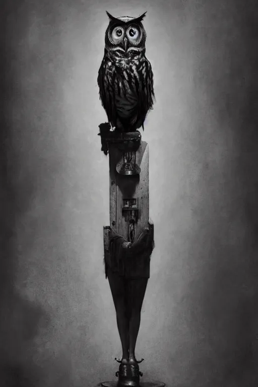 Image similar to wet plate photograph of an anthropomorphic owl standing alone in the waiting room of a victorian - era brothel, dramatic lighting, highly detailed, digital painting, artstation, concept art, smooth, sharp focus, illustration, art by wlop, mars ravelo and greg rutkowski