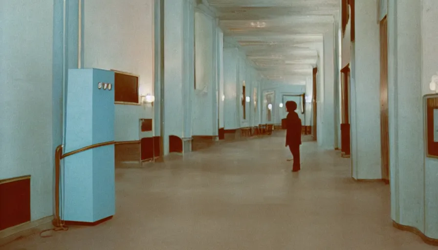 Image similar to 60s movie still of a sovietic stalinist style empty light blue parliement, cinestill 800t 50mm eastmancolor, liminal Space style, heavy grain-s 150